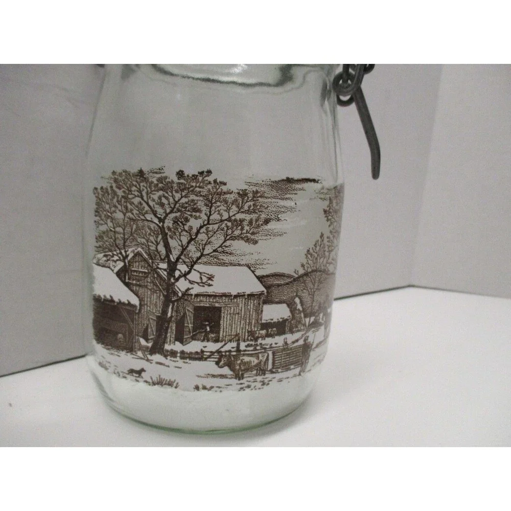 Currier and Ives Home To Thanksgiving Glass Jar Canister Hinged Lid 1 Liters